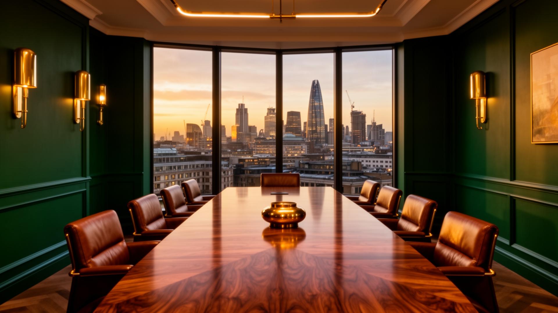 Executive boardroom overlooking the City of London skyline at dusk